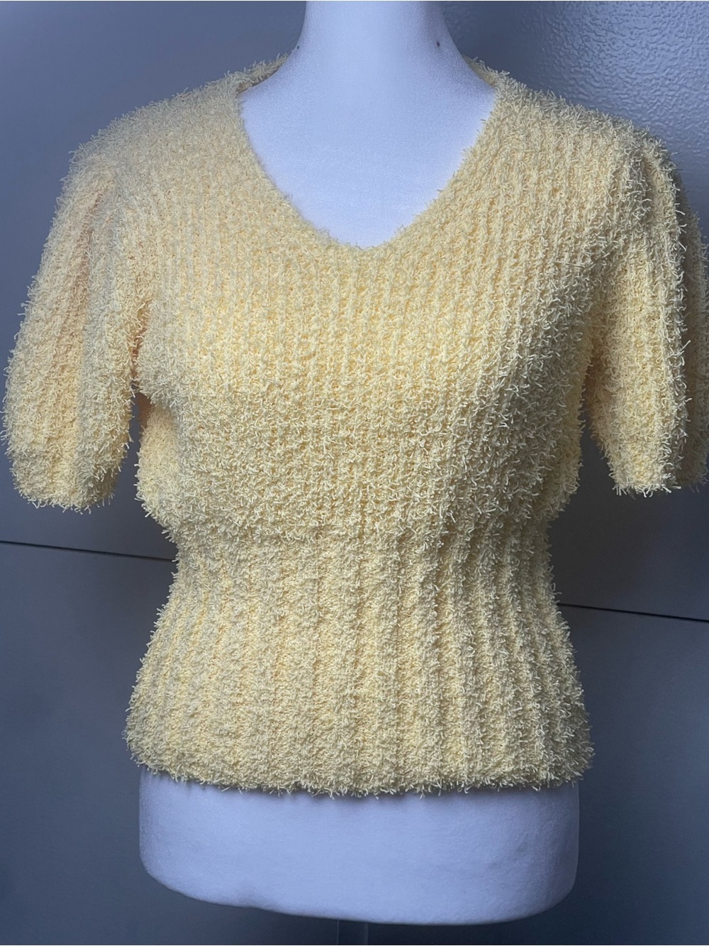 Chicwish Sunny Yellow Textured V-Neck Short Sleeve Sweater - Picture 3 of 10